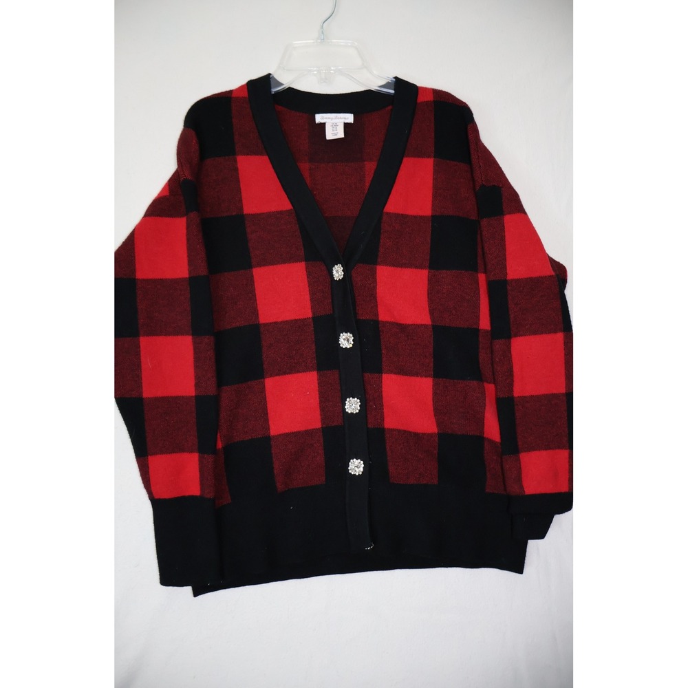 Tommy Bahama Womens Red Black Buffalo Plaid Rhinestone Button Cardigan Sweater M